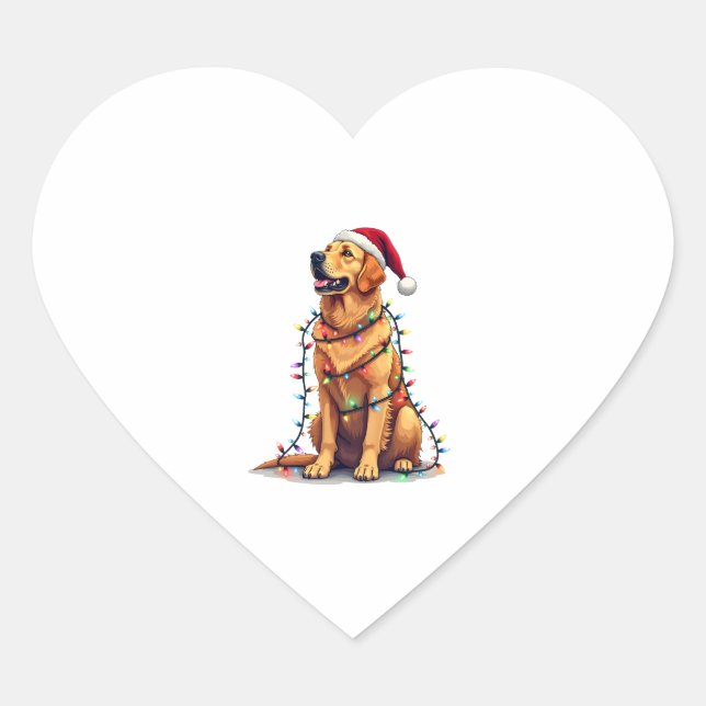 Dog Golden Retriever Santa Christmas Xmas Lights ( Heart Sticker (Front)