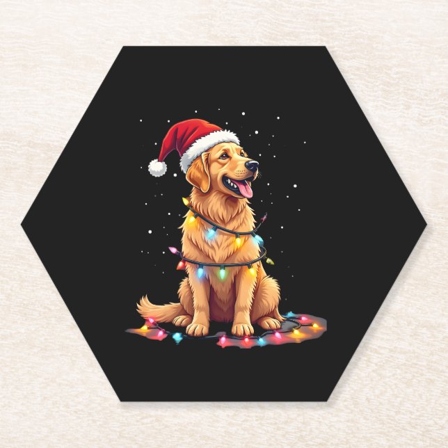Dog Golden Retriever Santa Christmas Xmas Lights ( Paper Coaster (Front)