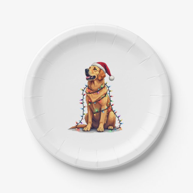 Dog Golden Retriever Santa Christmas Xmas Lights ( Paper Plate (Front)