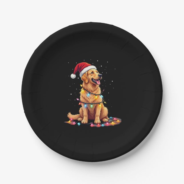 Dog Golden Retriever Santa Christmas Xmas Lights ( Paper Plate (Front)