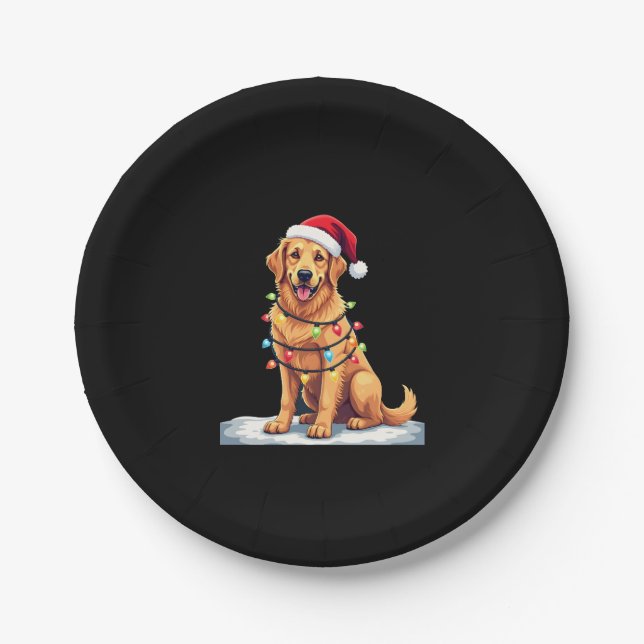 Dog Golden Retriever Santa Christmas Xmas Lights ( Paper Plate (Front)