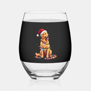 Dog Golden Retriever Santa Christmas Xmas Lights ( Stemless Wine Glass