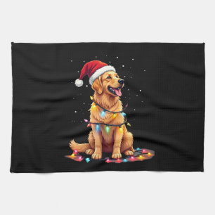 Dog Golden Retriever Santa Christmas Xmas Lights ( Tea Towel