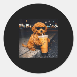Dog goldendoodle drinking iced coffee funny animal classic round sticker