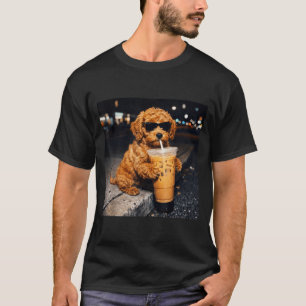 Dog Goldendoodle Drinking Iced Coffee Funny Animal T-Shirt