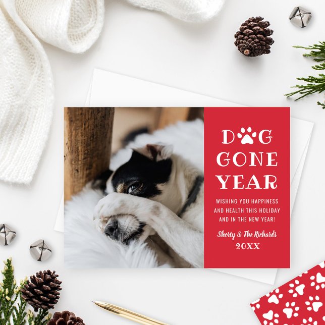 Dog Gone Year Funny Red Pet Photo Holiday Card (Creator Uploaded)