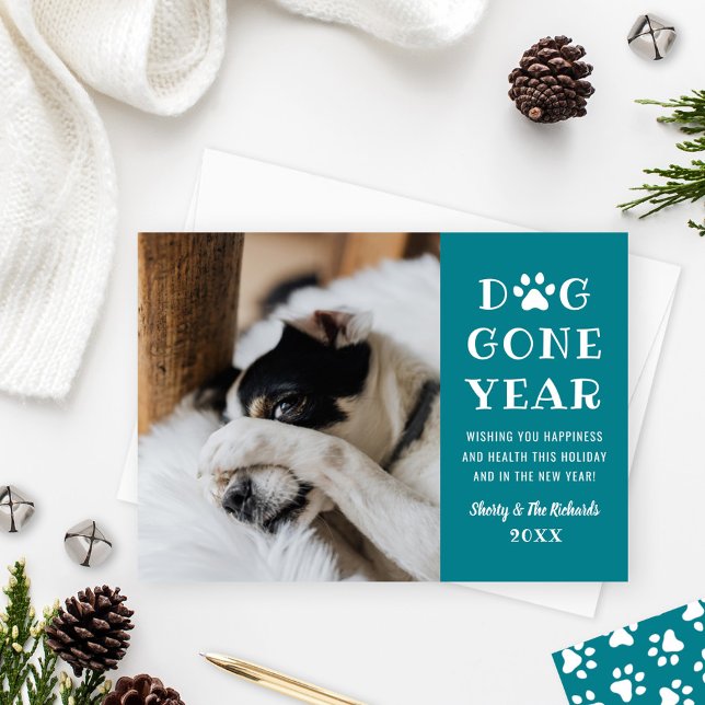 Dog Gone Year Funny Teal Pet Photo Holiday Card (Creator Uploaded)