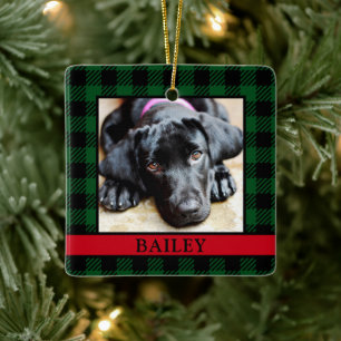 Dog Green Buffalo Check Photo Ceramic Ornament