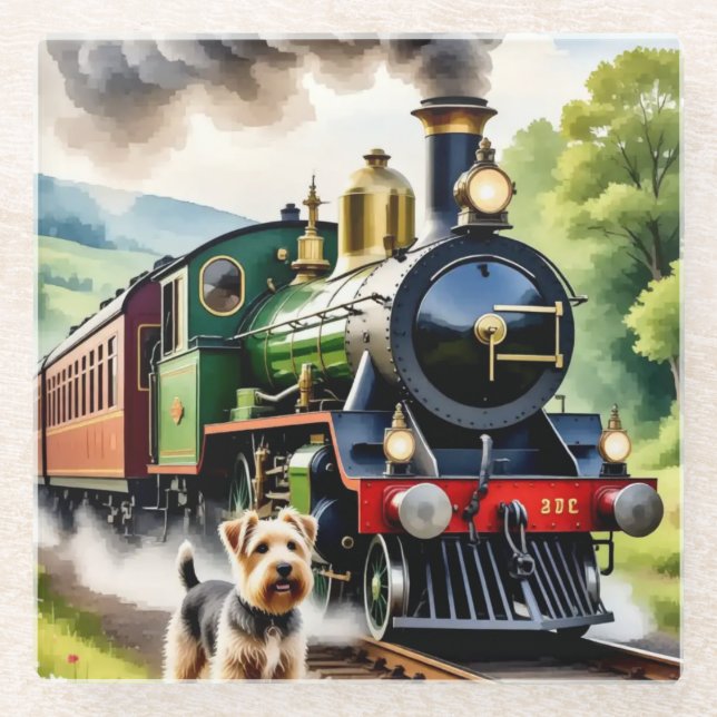 Dog Greeting steam train Glass Coaster (Front)