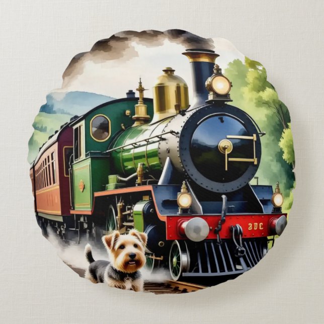 Dog Greeting steam train Round Cushion (Front)