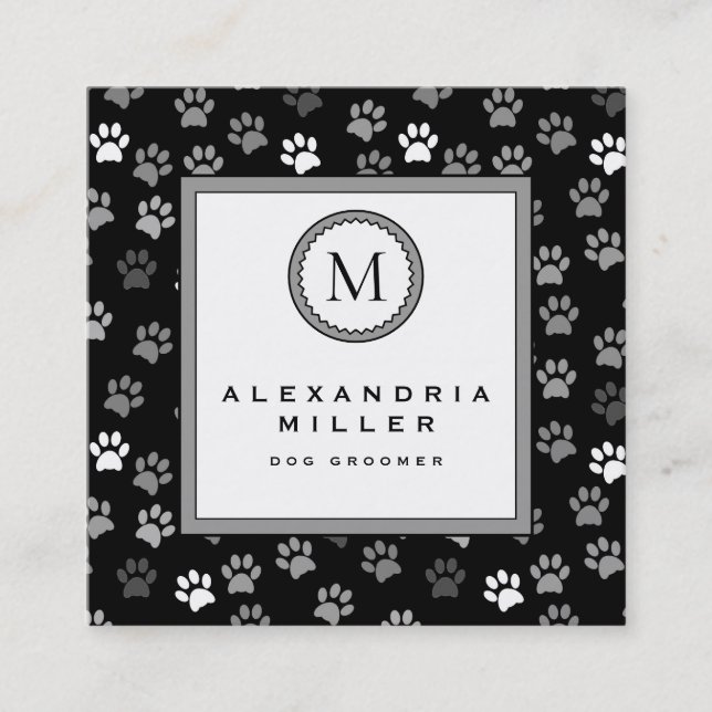Dog Groomer | Animal Paw Prints | Monogram Square Business Card (Front)