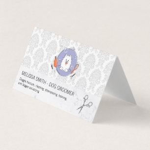 Dog Groomer Logo Damask Pattern Business Card