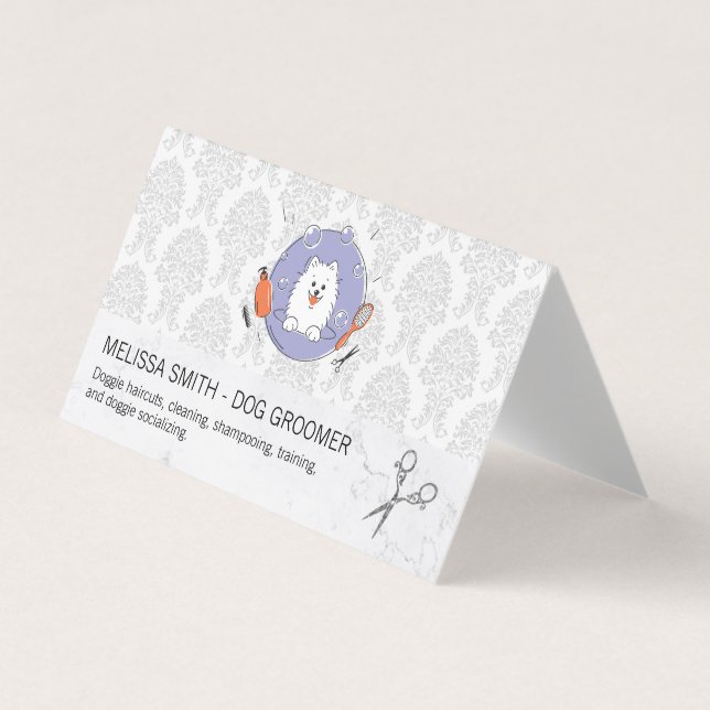 Dog Groomer Logo | Damask Pattern Business Card (Front)