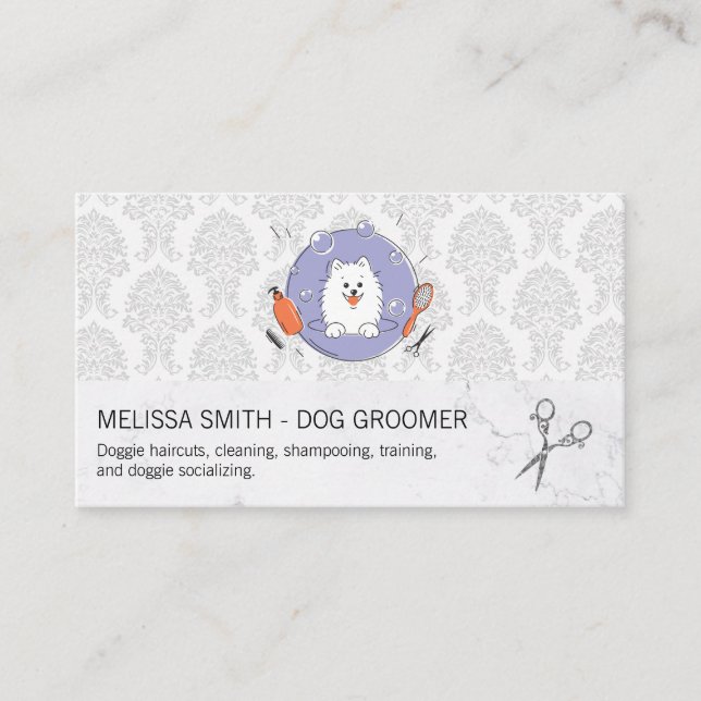 Dog Groomer Logo | Damask Pattern Business Card (Front)