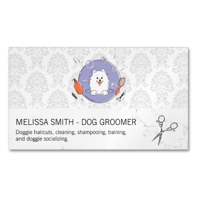 Dog Groomer Logo | Damask Pattern Magnetic Business Card (Front)