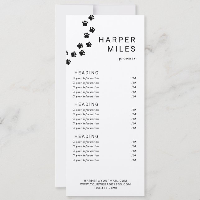 Dog groomer paw path price list  or services card (Front)
