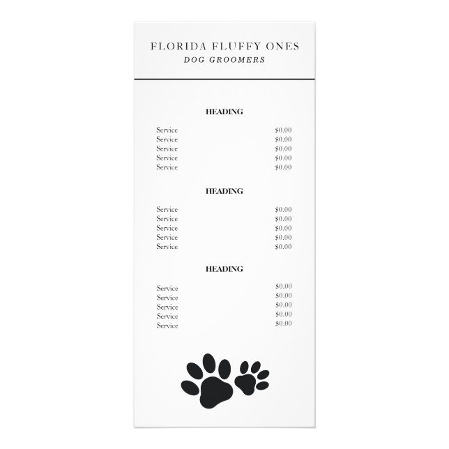 Dog Groomer Paw Print Services Price List Rack Card (Front)