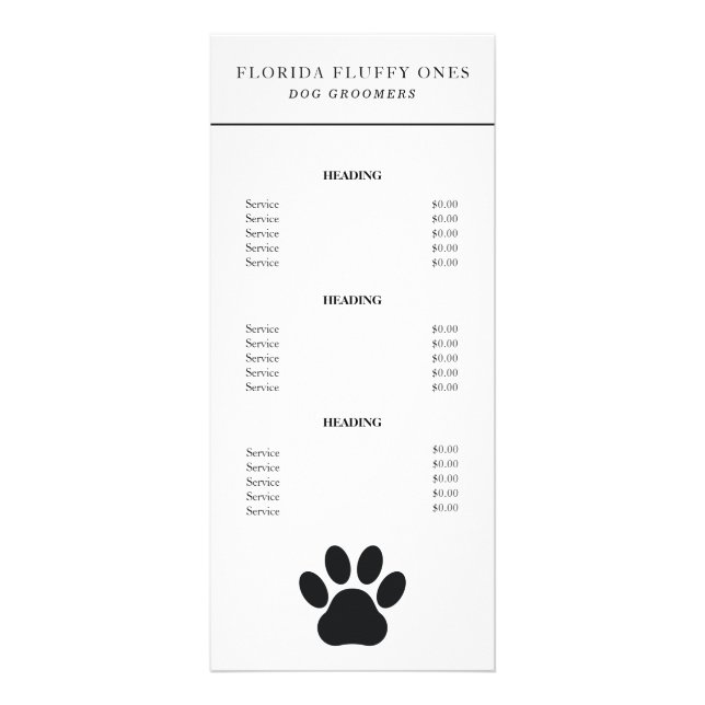 Dog Groomer Paw Print Services Price List Rack Card (Front)
