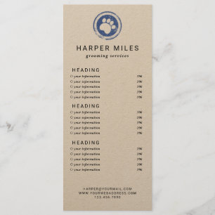 Dog groomer paw stamp price list or services card