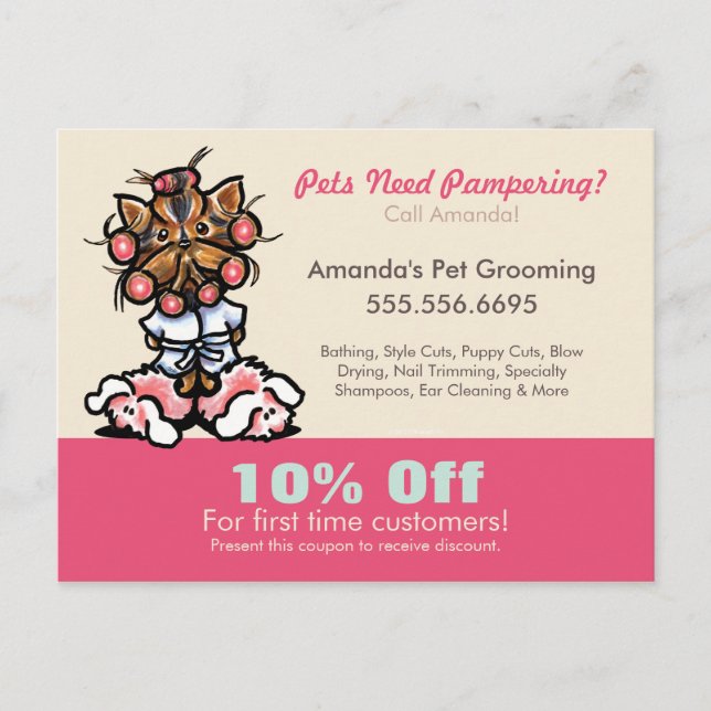 Dog Groomer Pet Spa Coupon Mailer Yorkie Curlers Postcard (Front)