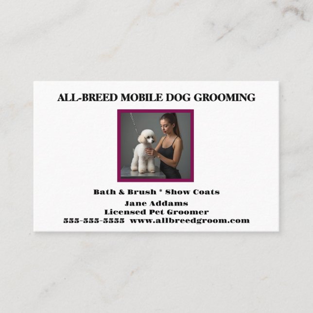 Dog Groomer Photo Pet Groomer Dog Walker Boarding Business Card (Front)