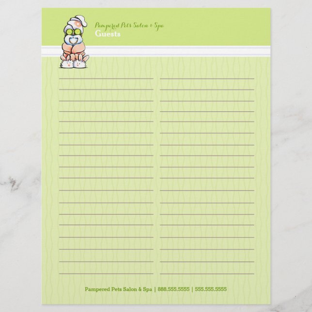Dog Groomer Spa Robed Shih Tzu Sign-In Guest Sheet (Front)