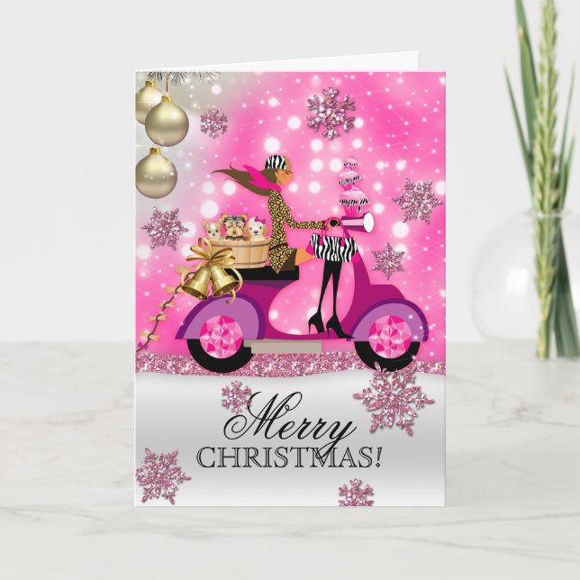 Dog Groomer Vet Christmas Scooter Girl Mobile Pet Holiday Card (Front)