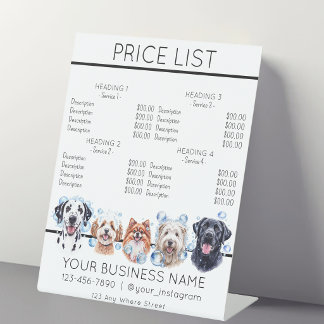 Dog grooming bathing cute dogs service price list  pedestal sign