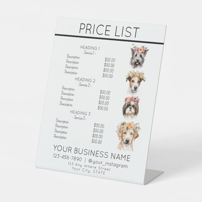 Dog grooming bathing cute dogs service price list  pedestal sign (Front)