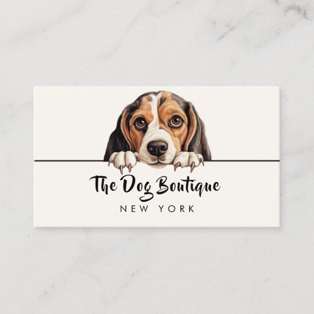 Dog grooming boutique pet sitter cute puppy script business card (Front)