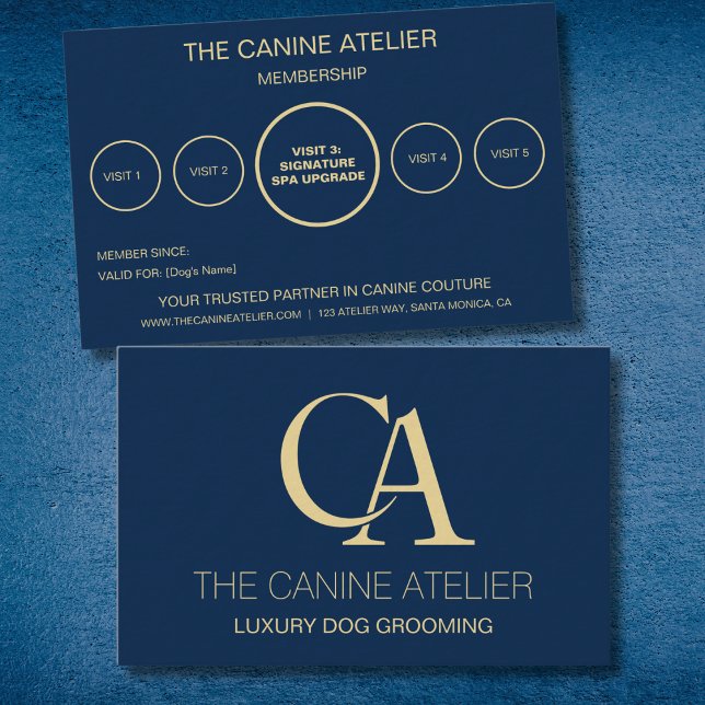 Dog Grooming Business Card Atelier Blue & Gold (Dog grooming business card for luxury grooming business. Works as  membership and loyalty card)