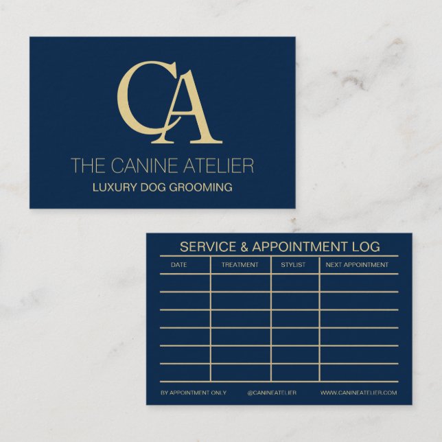 Dog Grooming Business Card Oxford Blue & Gold (Front/Back)