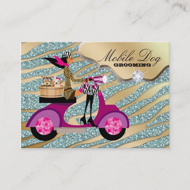 Dog Grooming Business Card Sparkle Zebra Teal (Front)