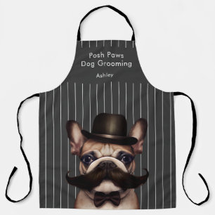 Dog Grooming Business Funny Frenchie Pinstripe Apron