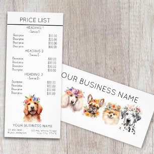 Dog grooming flower watercolor service price list rack card