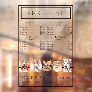 Dog grooming flower watercolor service price list window cling