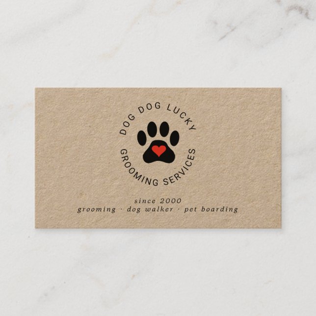 Dog grooming paw print kraft business card (Front)