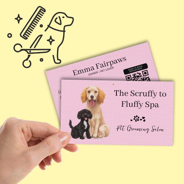 Dog Grooming Salon Pet Care Card with QR Code  (Pet Grooming, Pet Spa business card)