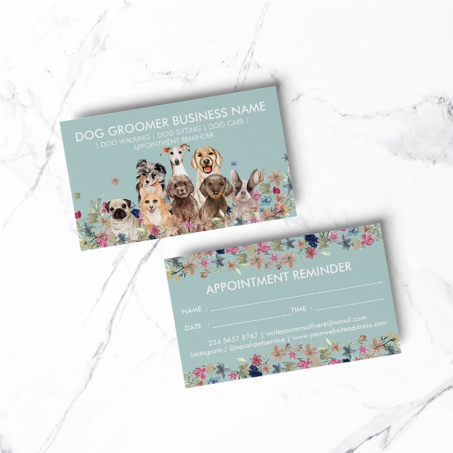 Dog Grooming Sitter Walker Appointment Greenery Business Card (pet animal dog cat veterinary farm)