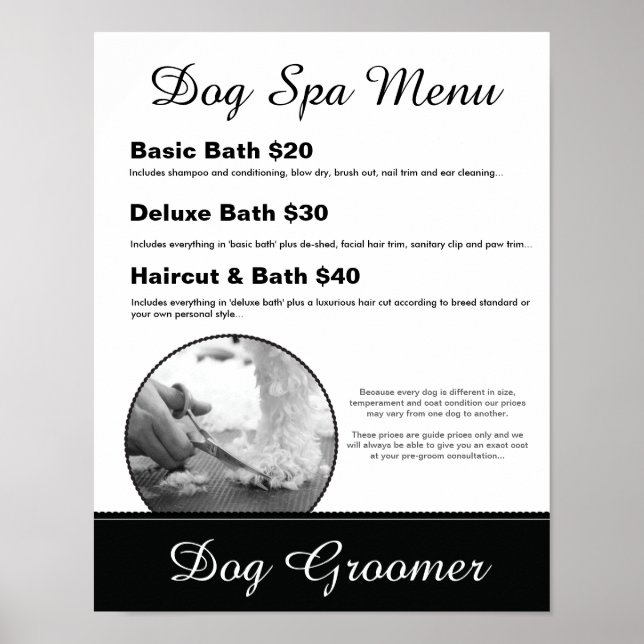 Dog Grooming Spa Menu - Personalizable Poster (Front)