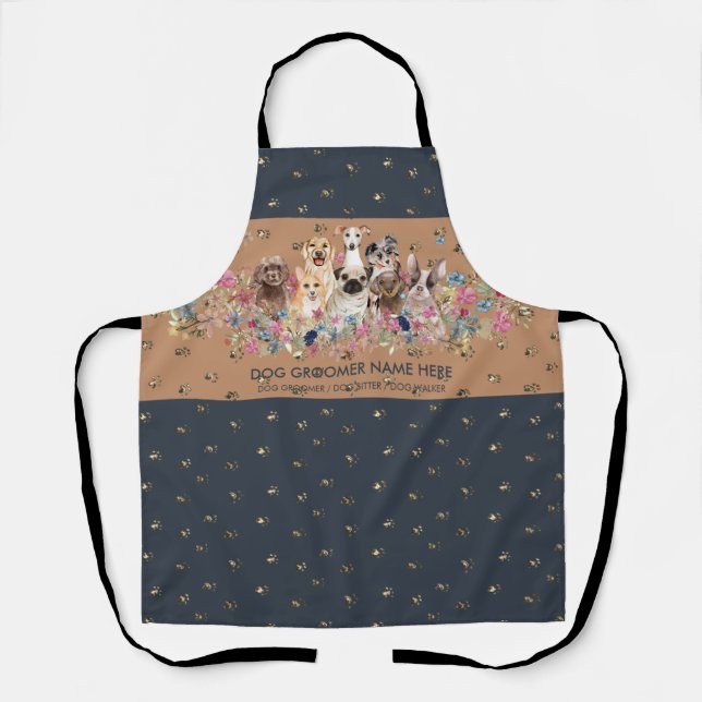 Dog Grooming Spa Salon Navy Gold Paws Apron (Front)