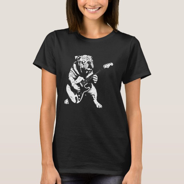 Dog Guitarist Guitar - English Bulldog Dad Mum T-Shirt (Front)
