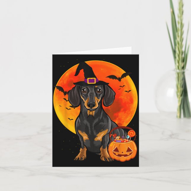 Dog Halloween Black Dachshund Jack O Lantern Card (Front)