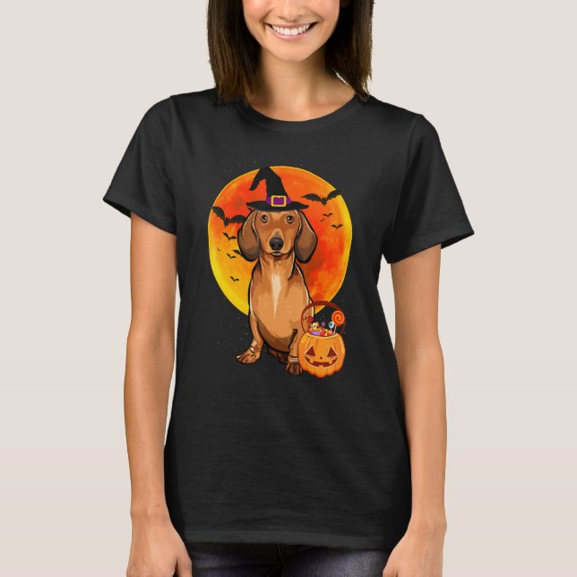Dog Halloween Brown Dachshund Jack O Lantern Pumpk T-Shirt (Front)