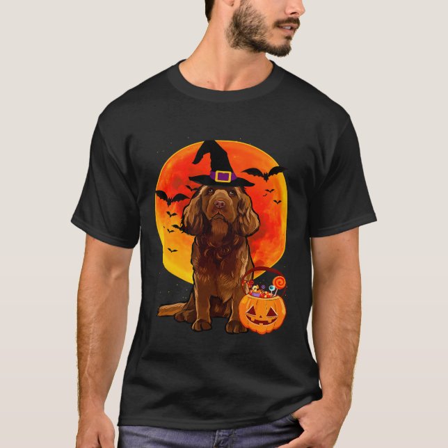 Dog Halloween Sussex Spaniel Jack O Lantern Pumpki T-Shirt (Front)