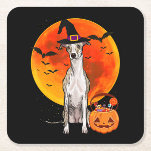 Dog Halloween Whippet Jack O Lantern Pumpkin T-Shi Square Paper Coaster