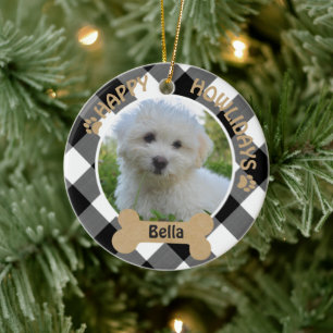 Dog HAPPY HOWLIDAYS  2-Sided 2-Photo Buffalo Check Ceramic Tree Decoration