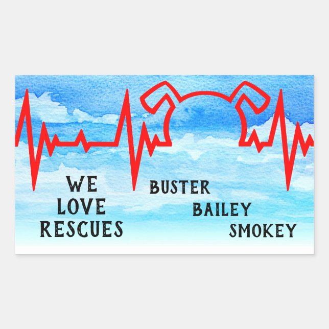 Dog Heartbeat, We love rescues, cloudy Rectangular Sticker (Front)