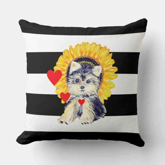 Dog, hearts & sunflower on Black & White Striped Cushion (Front)