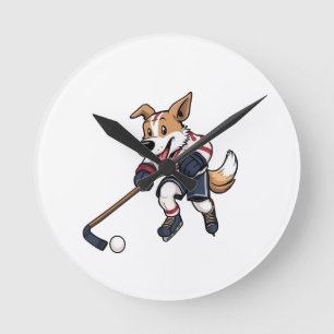 Dog Hockey Player Round Clock